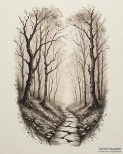 Tattoo design a misty, dreamlike pathway thro... - эскиз тату (№1752963471_0, 19.07.2025 22:17) — Tatufoto.com