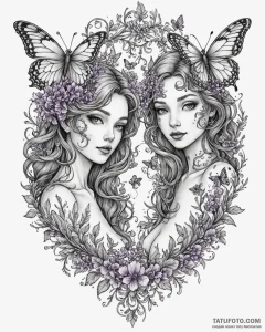 Tattoo sketch gemini twins surrounded by flow... - эскиз тату (№1752963555_0, 19.07.2025 22:19) — Tatufoto.com