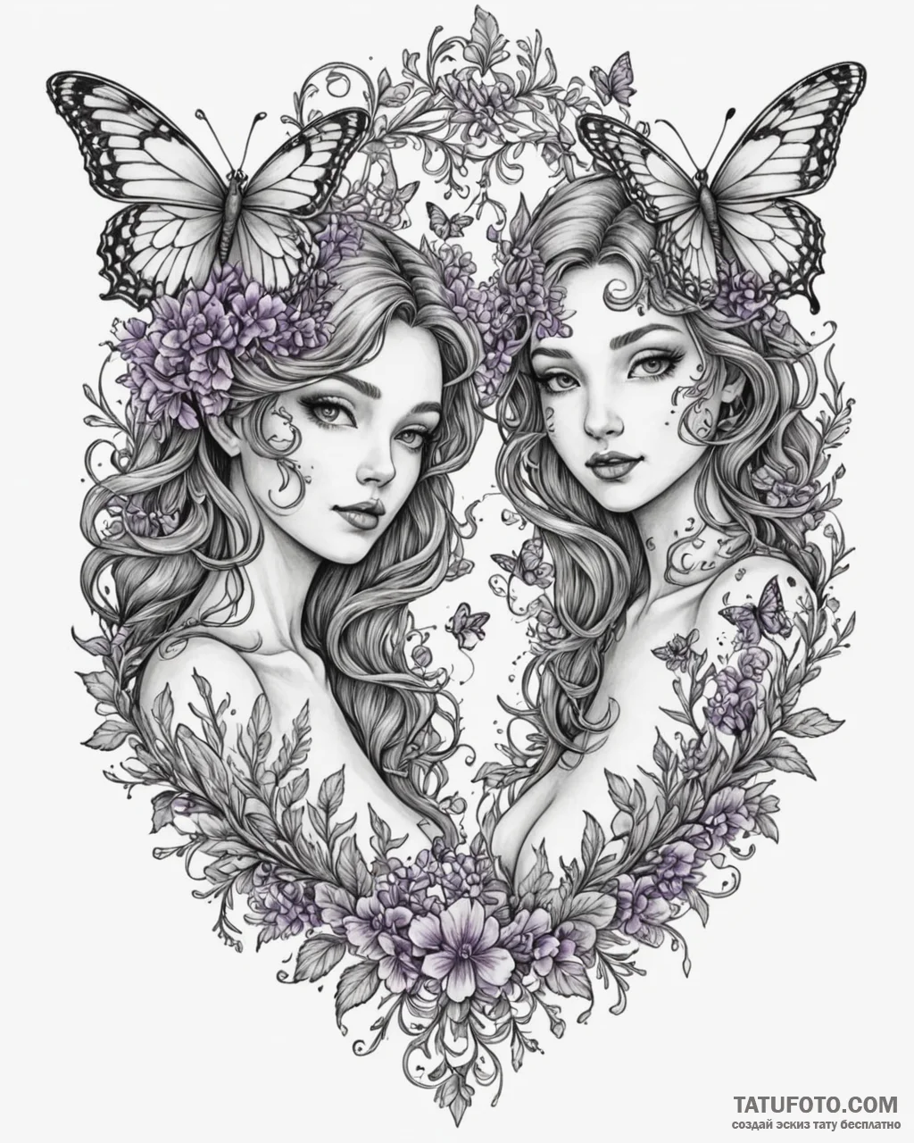 Tattoo sketch gemini twins surrounded by flow… — эскиз тату (№1752963555_0, 19.07.2025 22:19) — Tatufoto.com