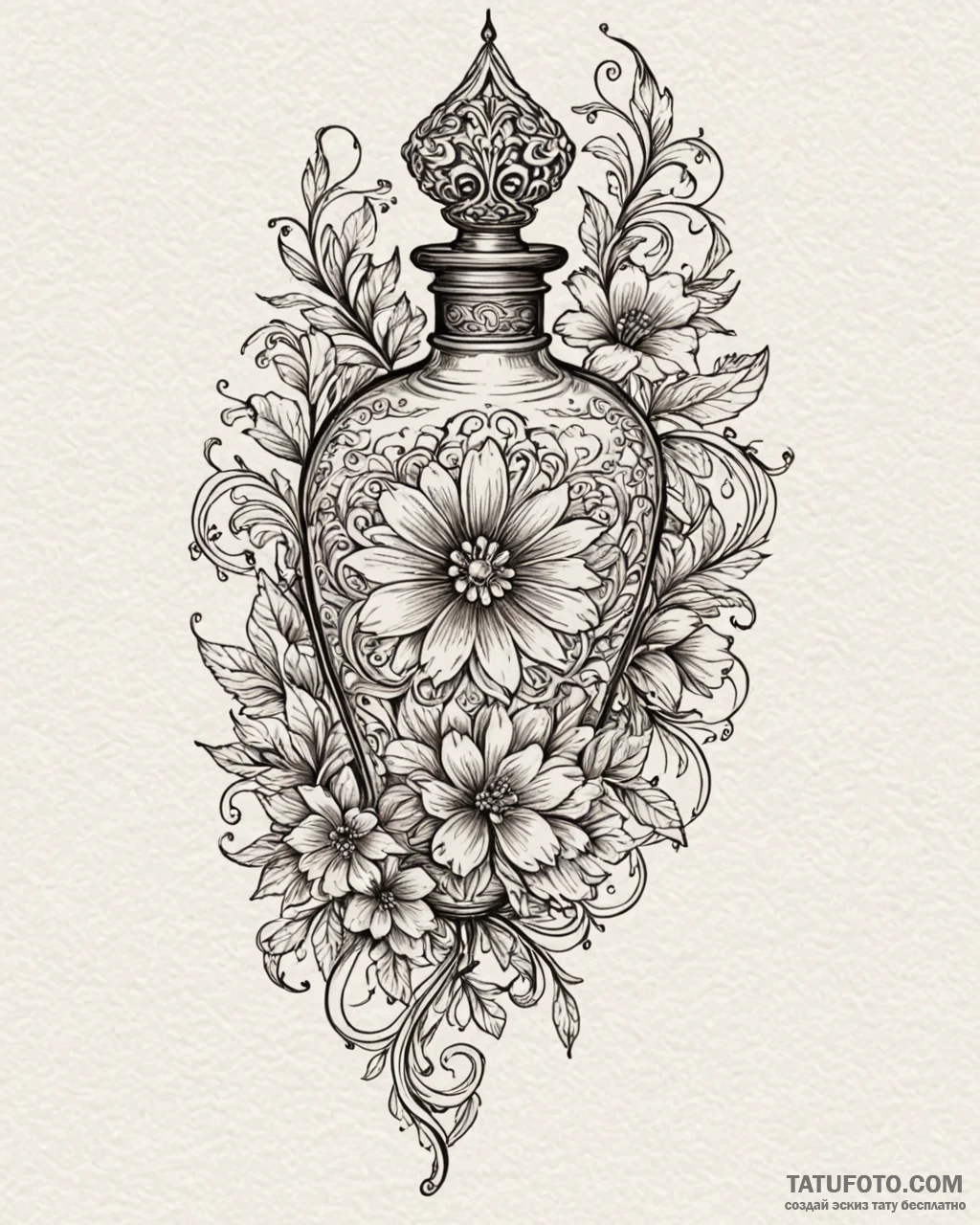 Tattoo sketch a delicate perfume bottle with... - эскиз тату (№1752963810_0, 19.07.2025 22:23) — Tatufoto.com