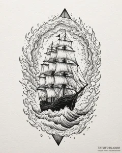 Tattoo sketch a ship sailing into a powerful... - эскиз тату (№1752963979_0, 19.07.2025 22:26) — Tatufoto.com