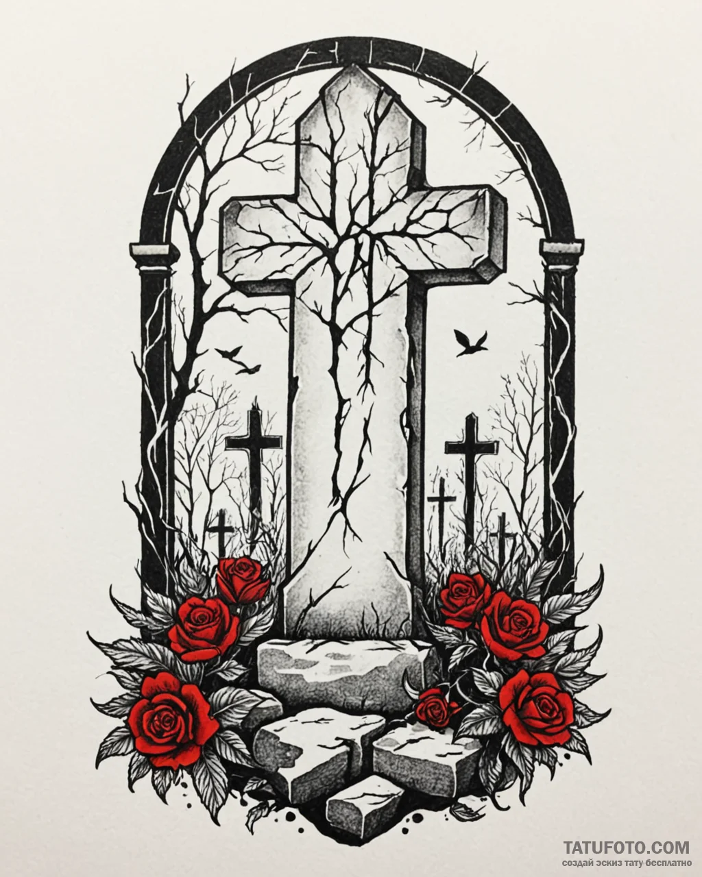 Tattoo sketch a stylized graveyard with a lon... - эскиз тату (№1752966592_0, 19.07.2025 23:09) — Tatufoto.com