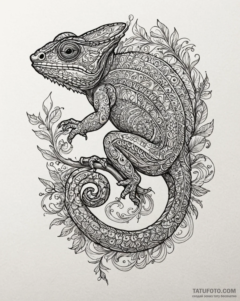 Chameleon, ink illustration for tattoo, on a… — эскиз тату (№1752967013_0, 19.07.2025 23:16) — Tatufoto.com
