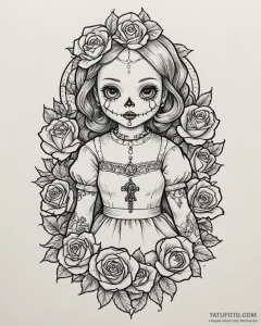 A neo-traditional tattoo of the annabelle dol... - эскиз тату (№1752968193_0, 19.07.2025 23:36) — Tatufoto.com