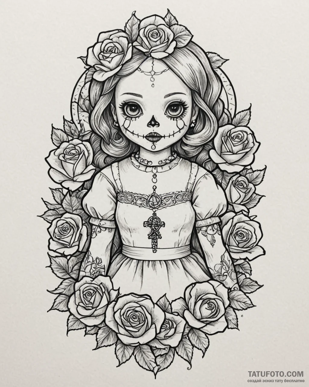 A neo-traditional tattoo of the annabelle dol... - эскиз тату (№1752968193_0, 19.07.2025 23:36) — Tatufoto.com