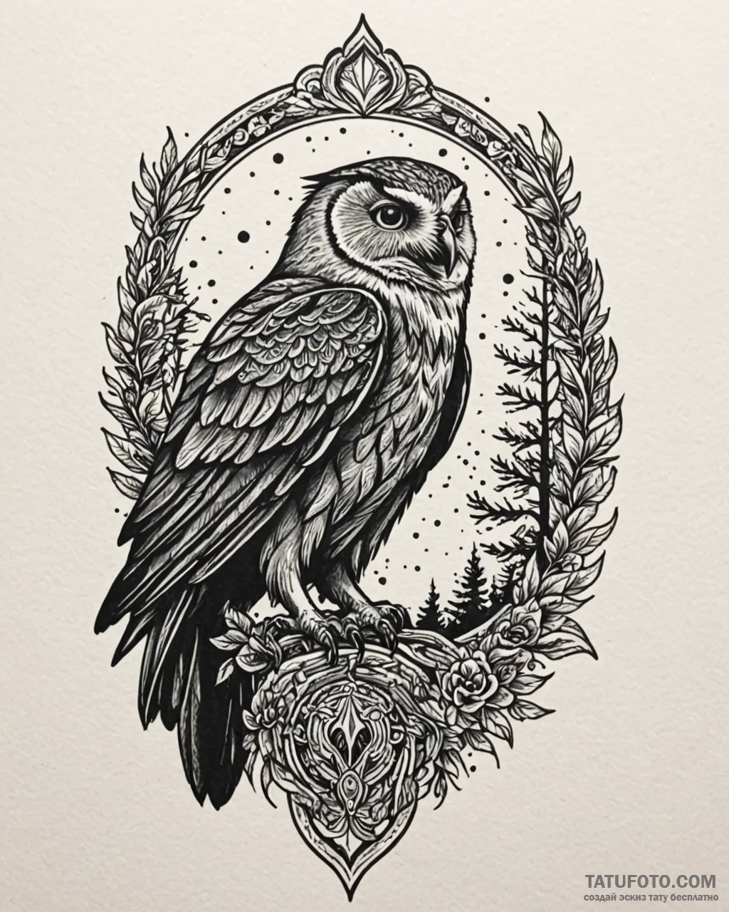 Tattoo design a stylized raven or owl watchin... - эскиз тату (№1752970134_0, 20.07.2025 00:08) — Tatufoto.com