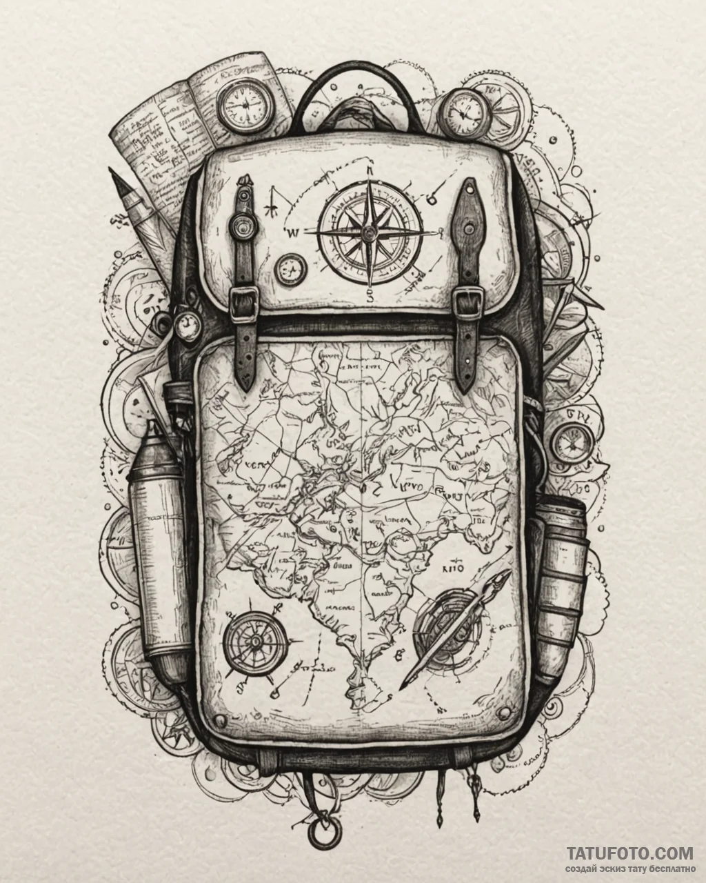 Tattoo sketch a set of adventurer's tools a b... - эскиз тату (№1752971147_0, 20.07.2025 00:25) — Tatufoto.com