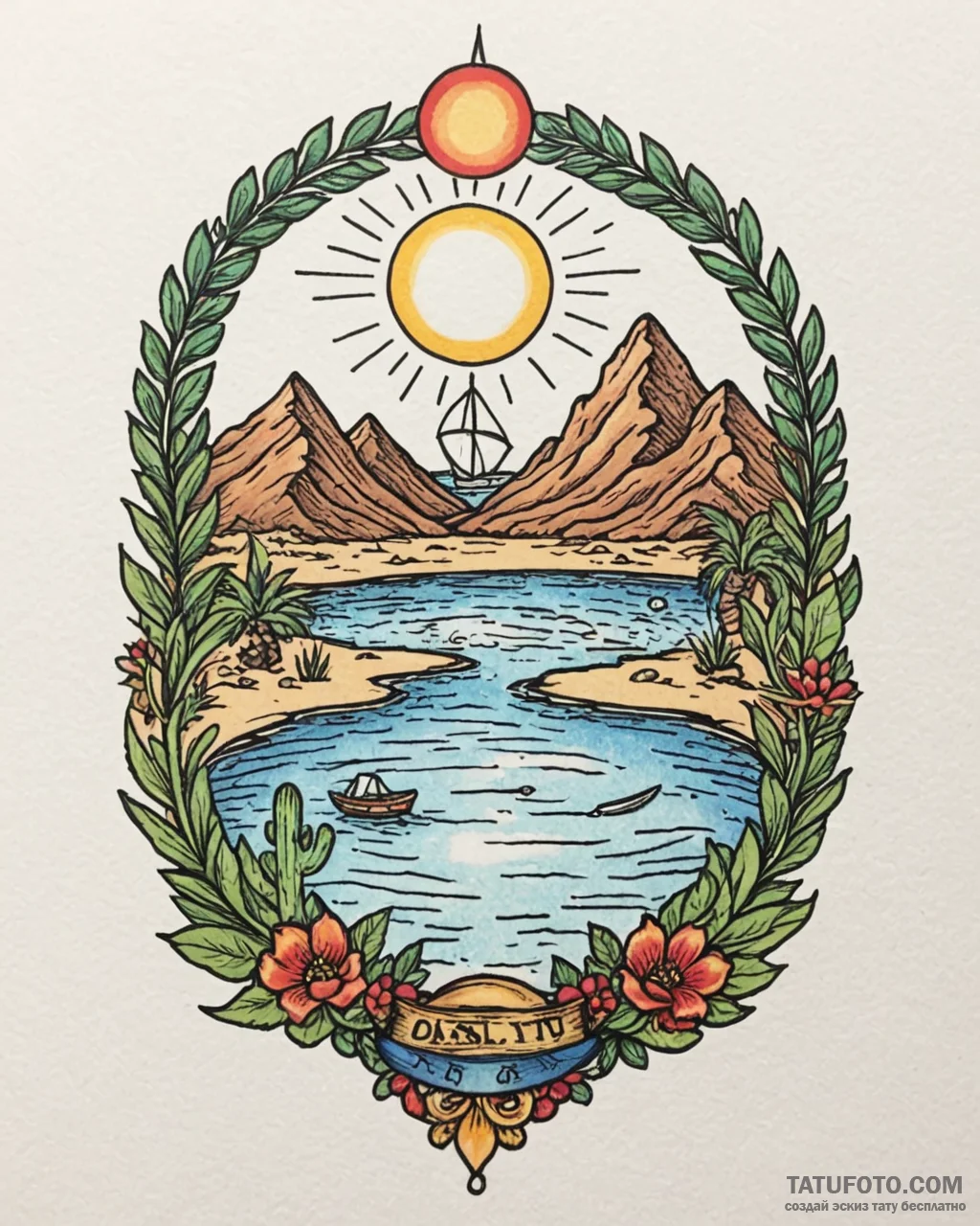 Tattoo sketch a stylized desert landscape wit… — эскиз тату (№1752971652_0, 20.07.2025 00:34) — Tatufoto.com