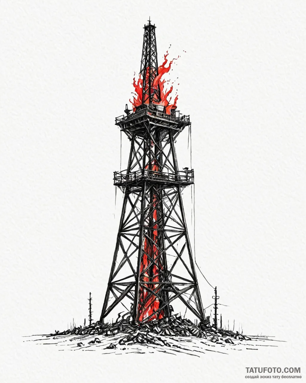 A sketch of the oil derrick on fire from ther... - эскиз тату (№1752973170_0, 20.07.2025 00:59) — Tatufoto.com