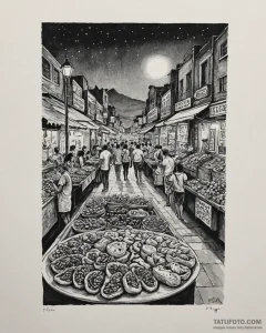 A street food market in mexico city at night.... - эскиз тату (№1752973931_0, 20.07.2025 01:12) — Tatufoto.com