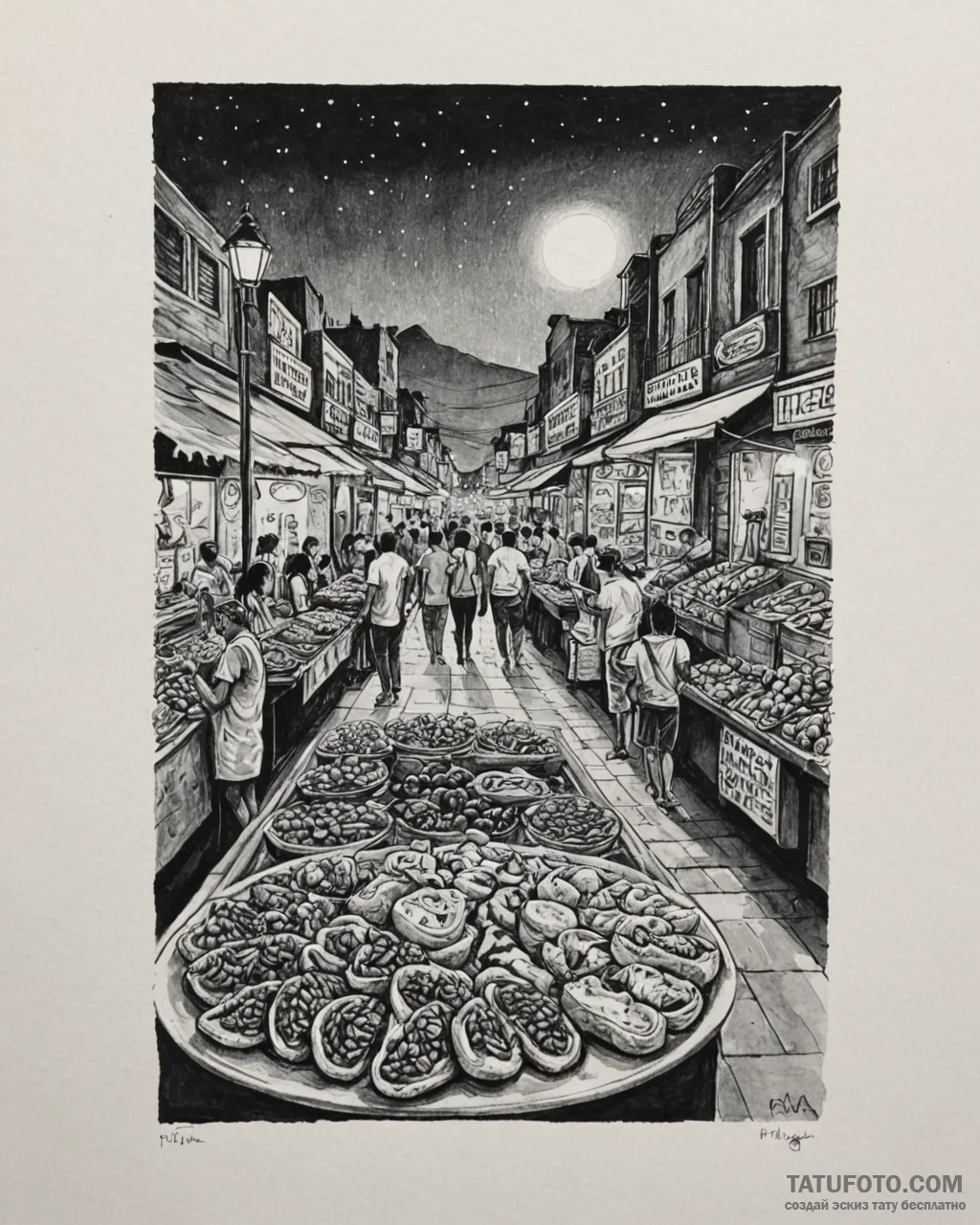 A street food market in mexico city at night.... - эскиз тату (№1752973931_0, 20.07.2025 01:12) — Tatufoto.com