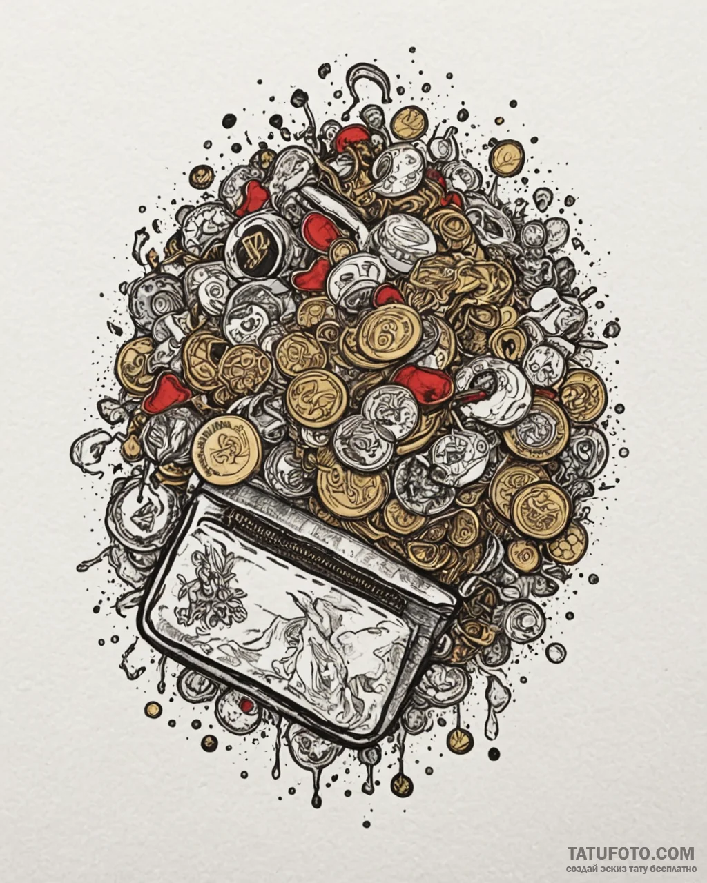 Tattoo design a fantasy coin purse overflowin… — эскиз тату (№1752974270_0, 20.07.2025 01:17) — Tatufoto.com