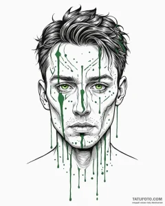 A trash polka face of neo, with green code dr... - эскиз тату (№1752974607_0, 20.07.2025 01:23) — Tatufoto.com
