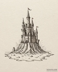 A sandcastle on a beach, with the tide coming... - эскиз тату (№1752974690_0, 20.07.2025 01:24) — Tatufoto.com