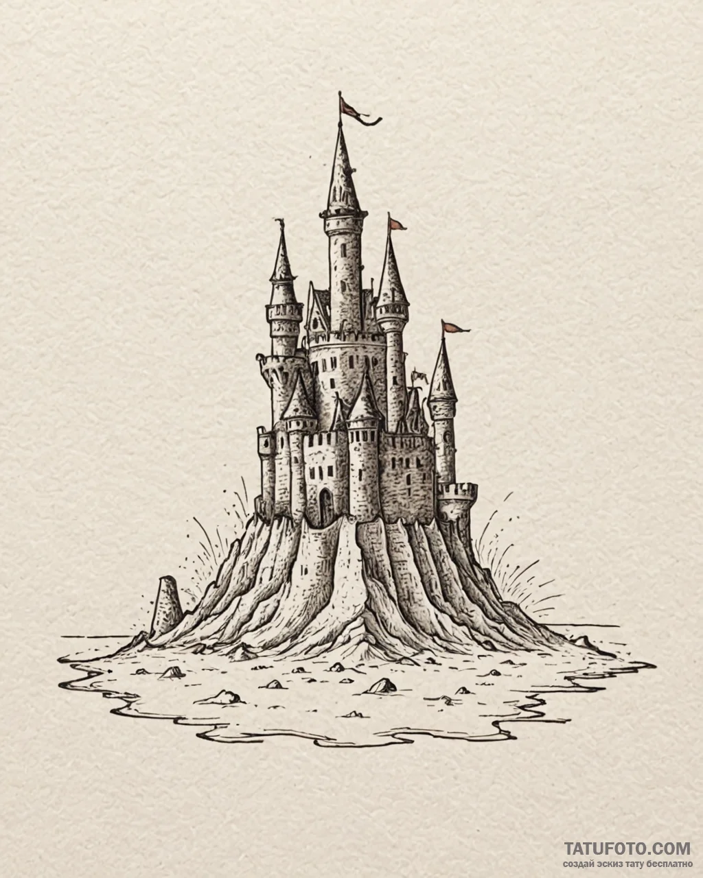 A sandcastle on a beach, with the tide coming... - эскиз тату (№1752974690_0, 20.07.2025 01:24) — Tatufoto.com