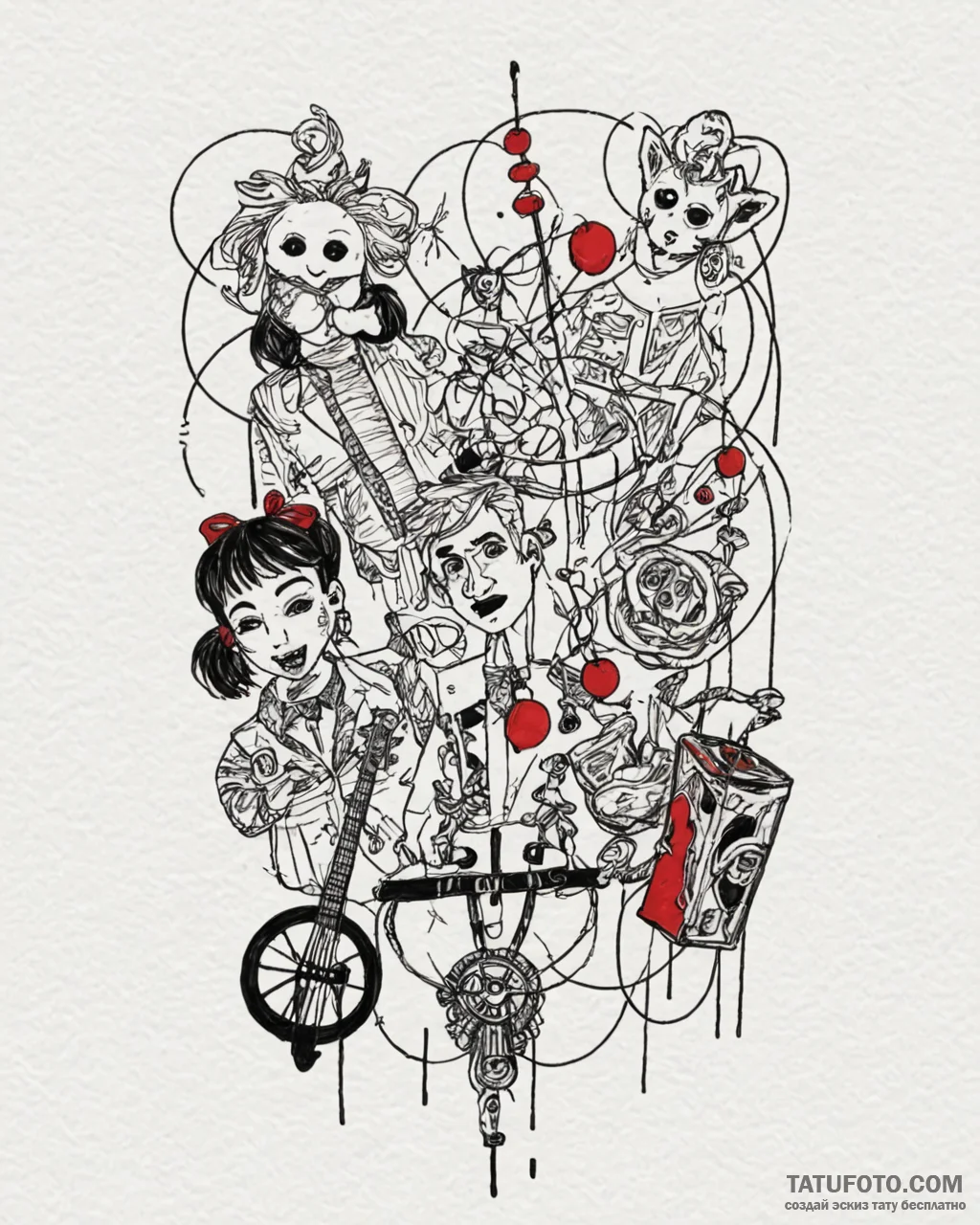 Strings with puppets, tattoo flash sheet desi… — эскиз тату (№1752976042_0, 20.07.2025 01:47) — Tatufoto.com