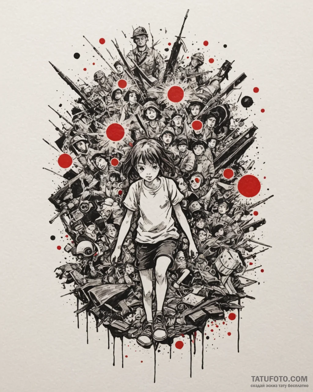 A trash polka composition of the horrors of w… — эскиз тату (№1752976129_0, 20.07.2025 01:48) — Tatufoto.com
