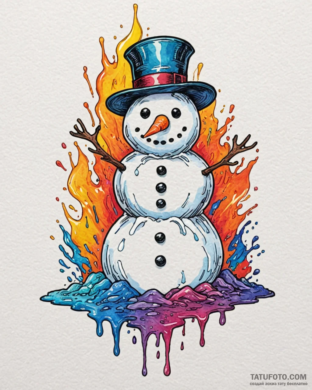 A close-up of a melting snowman., concept art... - эскиз тату (№1752976214_0, 20.07.2025 01:50) — Tatufoto.com