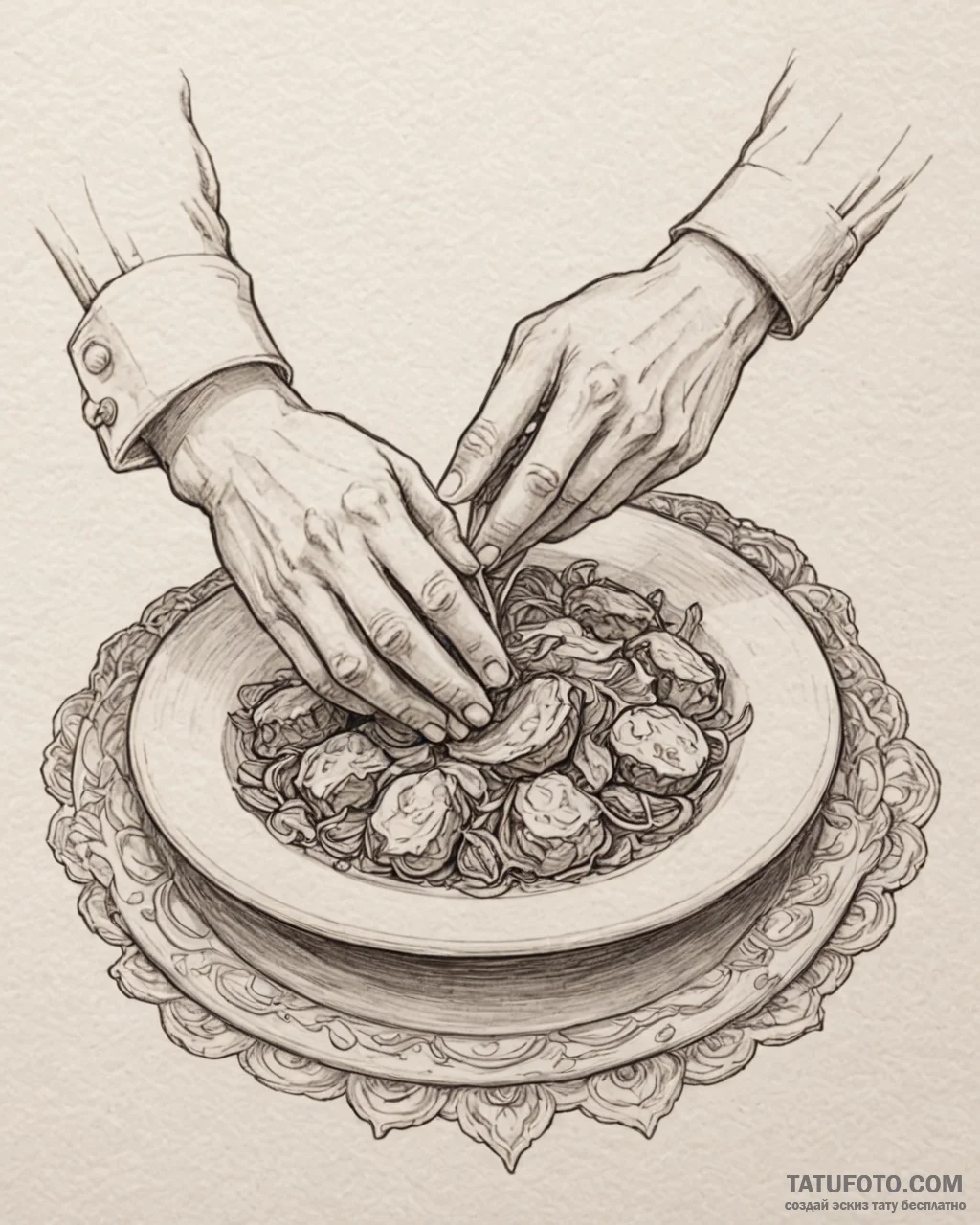 Close-up shot of a chef's hands carefully gar... - эскиз тату (№1752976401_0, 20.07.2025 01:53) — Tatufoto.com