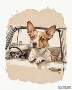 A dog with its head out of a car window, ears... - эскиз тату (№1752977641_0, 20.07.2025 02:14) — Tatufoto.com