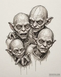 A sketch of gollum/smeagol, his face split be... - эскиз тату (№1752977979_0, 20.07.2025 02:19) — Tatufoto.com