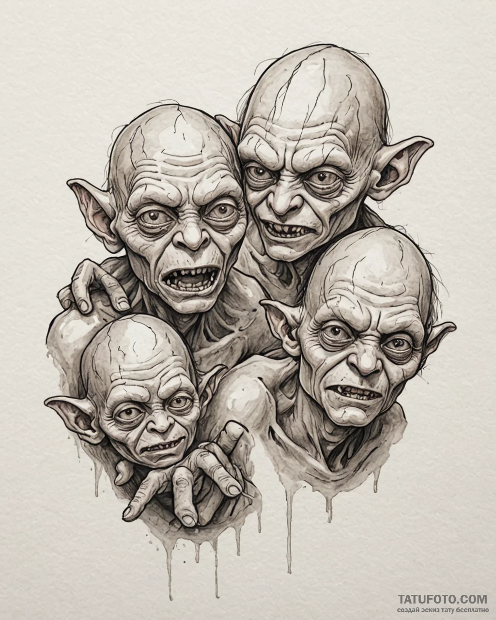 A sketch of gollum/smeagol, his face split be… — эскиз тату (№1752977979_0, 20.07.2025 02:19) — Tatufoto.com