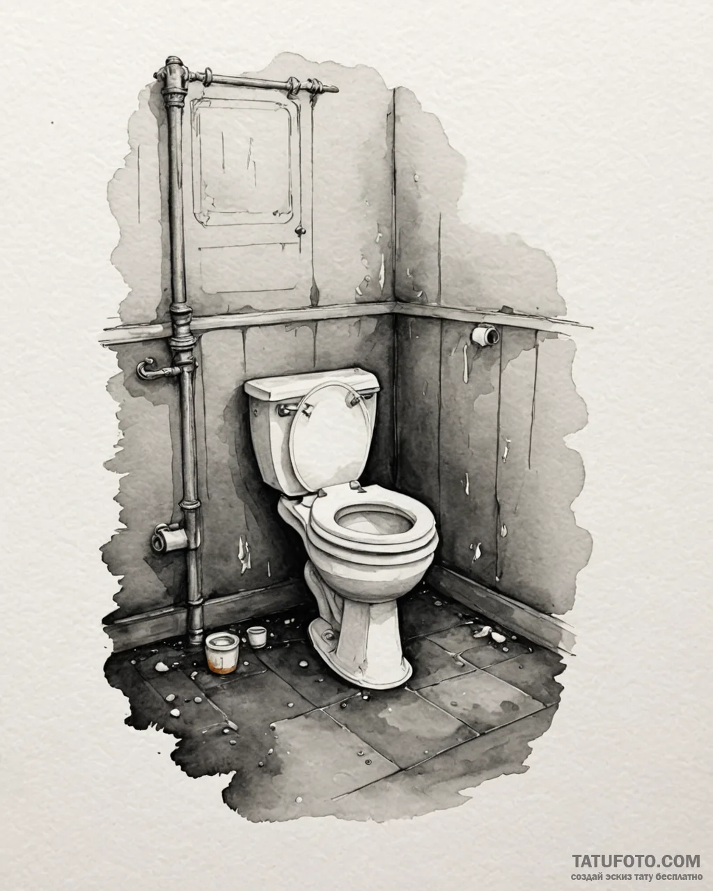 A watercolor tattoo of the worst toilet in sc... - эскиз тату (№1752978064_0, 20.07.2025 02:21) — Tatufoto.com