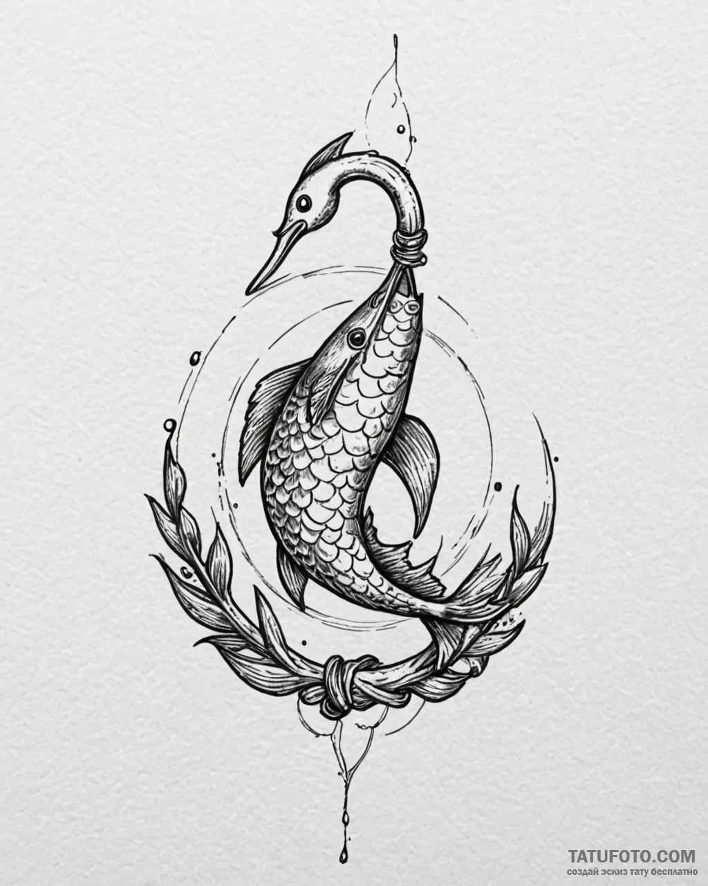 Tattoo design a minimalist fish hook and a fi... - эскиз тату (№1752978317_0, 20.07.2025 02:25) — Tatufoto.com
