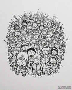 A trash polka composition of the main charact... - эскиз тату (№1752978821_0, 20.07.2025 02:33) — Tatufoto.com