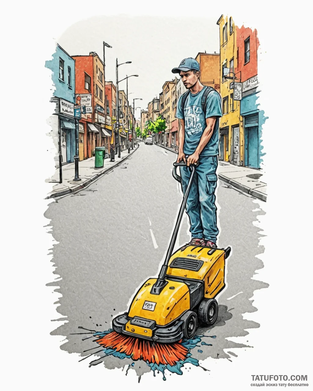 A street sweeper cleaning a city street in th... - эскиз тату (№1752979157_0, 20.07.2025 02:39) — Tatufoto.com