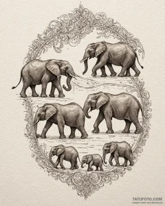 A family of elephants walking in a line towar... - эскиз тату (№1752980254_0, 20.07.2025 02:57) — Tatufoto.com