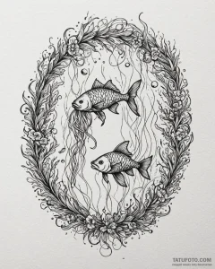 Tattoo design pisces fish, swimming among del... - эскиз тату (№1752980339_0, 20.07.2025 02:58) — Tatufoto.com