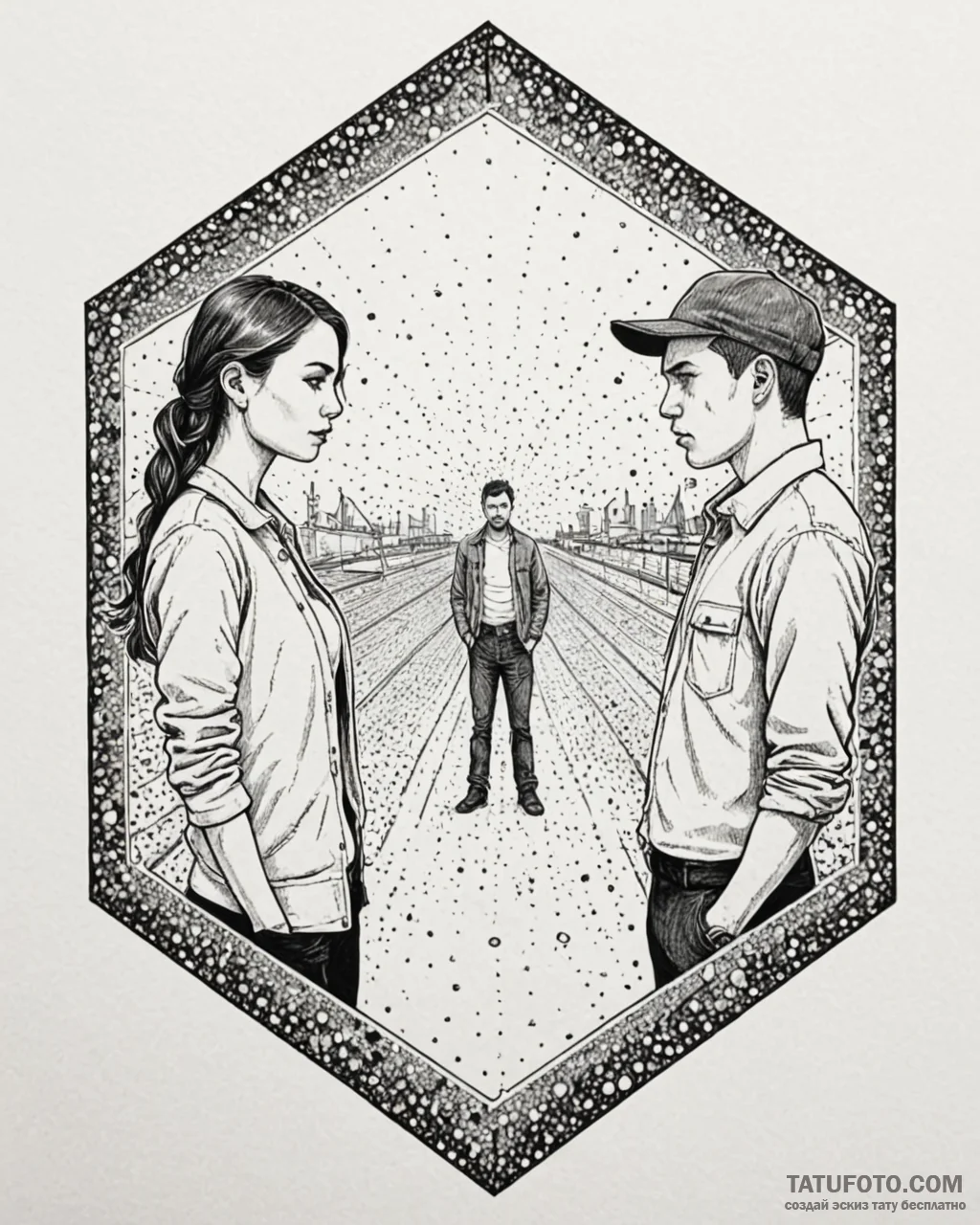 A graphic novel panel of the final standoff i… — эскиз тату (№1752980591_0, 20.07.2025 03:03) — Tatufoto.com