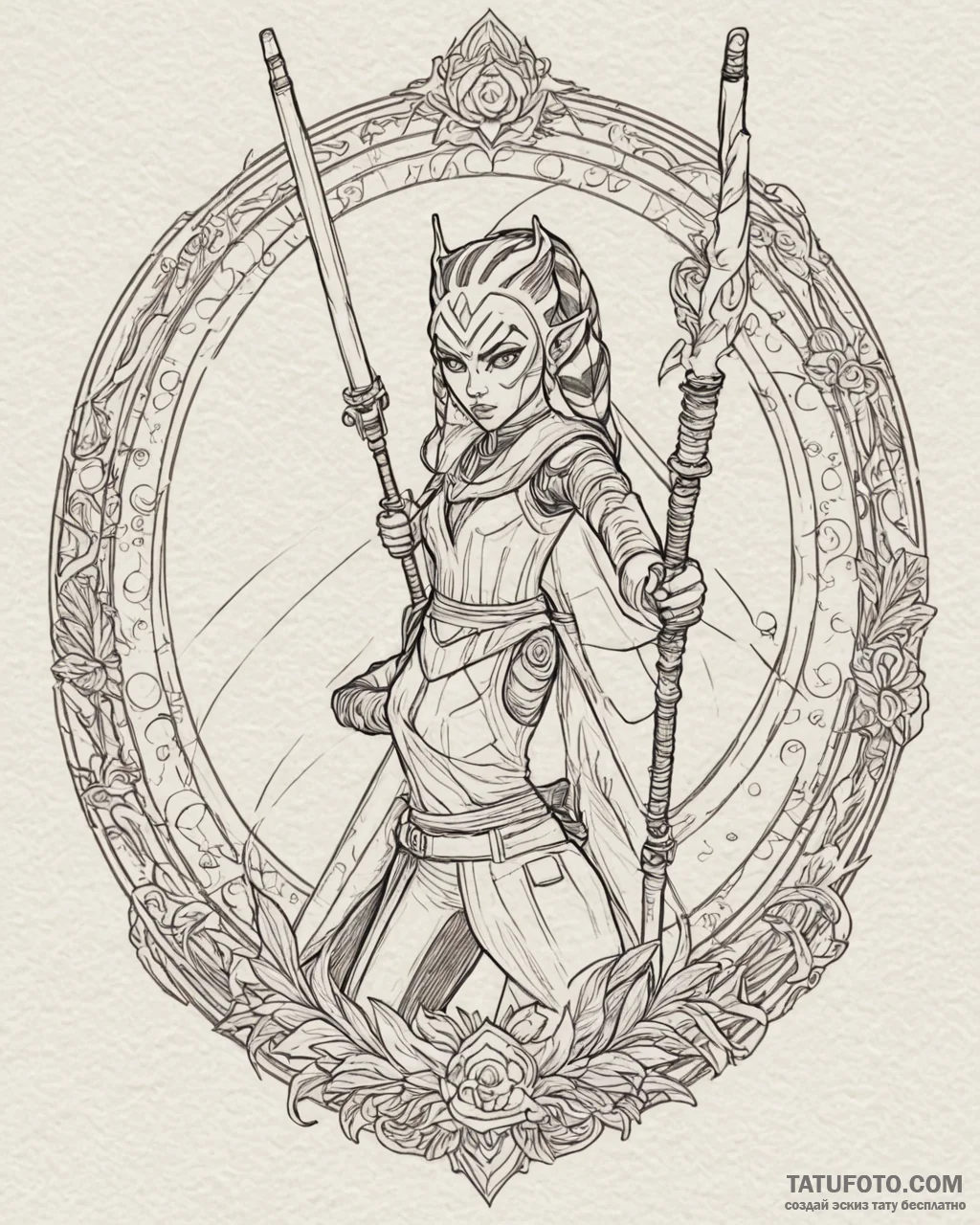 Linework tattoo of ahsoka tano with her two l… — эскиз тату (№1752981603_0, 20.07.2025 03:20) — Tatufoto.com