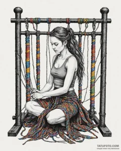 A person weaving a tapestry on a large loom.,... - эскиз тату (№1752984305_0, 20.07.2025 04:05) — Tatufoto.com