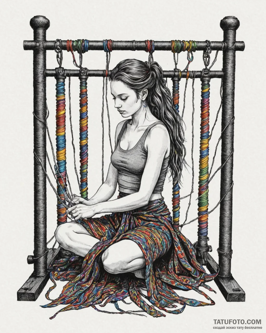 A person weaving a tapestry on a large loom.,… — эскиз тату (№1752984305_0, 20.07.2025 04:05) — Tatufoto.com