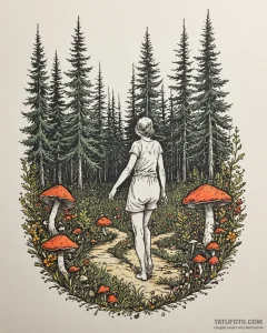 A shot of a person foraging for wild mushroom... - эскиз тату (№1752985318_0, 20.07.2025 04:21) — Tatufoto.com