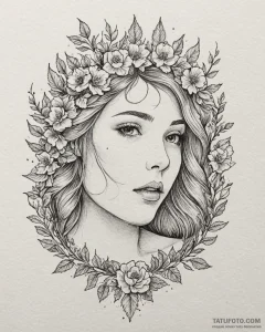 A serene tattoo sketch of the goddess lada, h... - эскиз тату (№1752988017_0, 20.07.2025 05:06) — Tatufoto.com