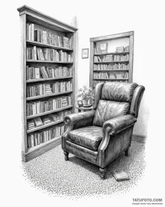 A quiet corner of a used bookstore, with over... - эскиз тату (№1752988102_0, 20.07.2025 05:08) — Tatufoto.com