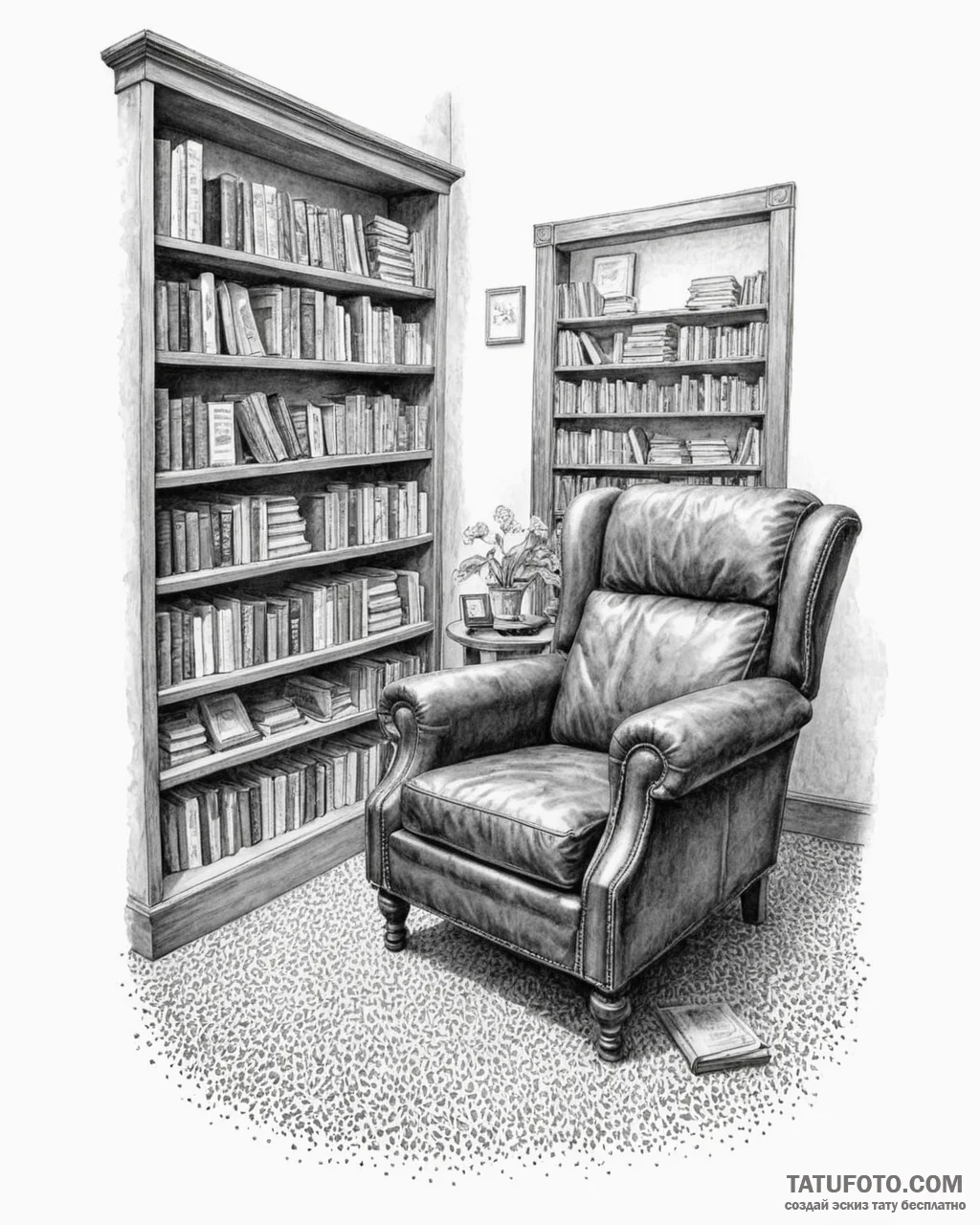 A quiet corner of a used bookstore, with over... - эскиз тату (№1752988102_0, 20.07.2025 05:08) — Tatufoto.com