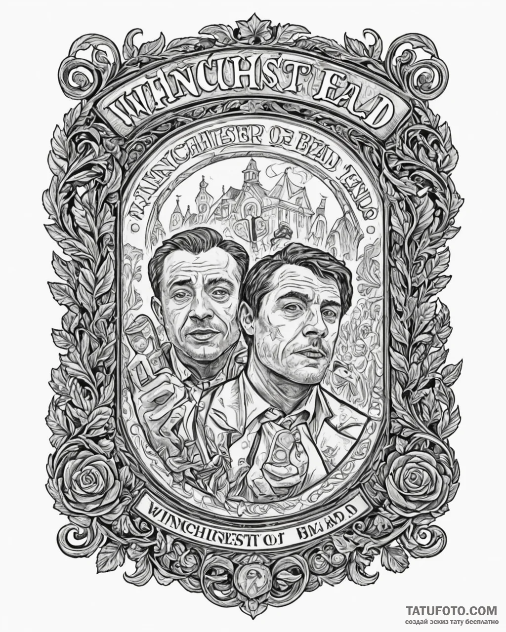 A linework tattoo of the winchester pub sign... - эскиз тату (№1752988355_0, 20.07.2025 05:12) — Tatufoto.com