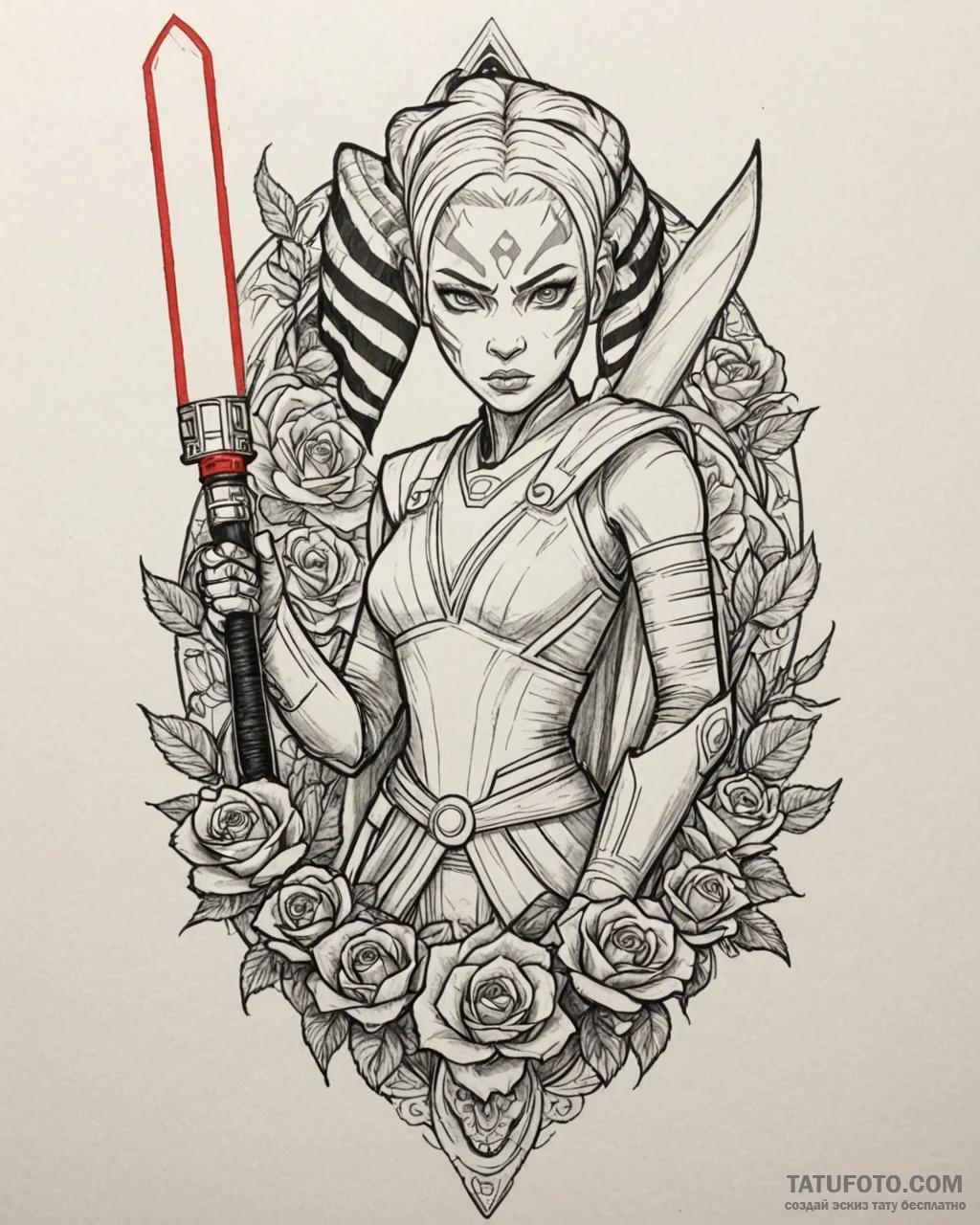 36. linework tattoo of ahsoka tano with her t... - эскиз тату (№1752990720_0, 20.07.2025 05:52) — Tatufoto.com