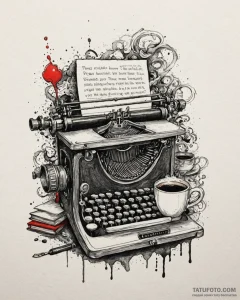 A cozy, messy writer's desk with a vintage ty... - эскиз тату (№1752992582_0, 20.07.2025 06:23) — Tatufoto.com
