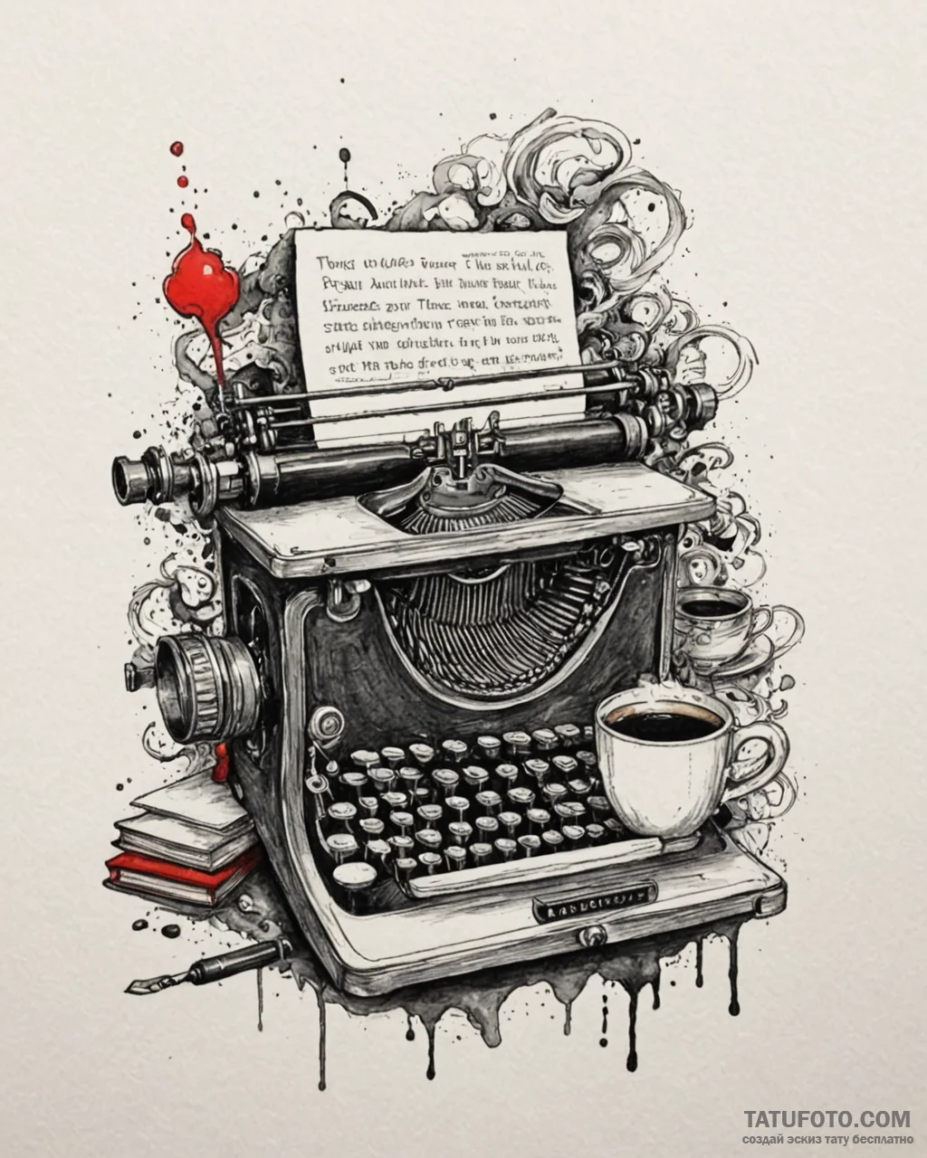 A cozy, messy writer's desk with a vintage ty... - эскиз тату (№1752992582_0, 20.07.2025 06:23) — Tatufoto.com
