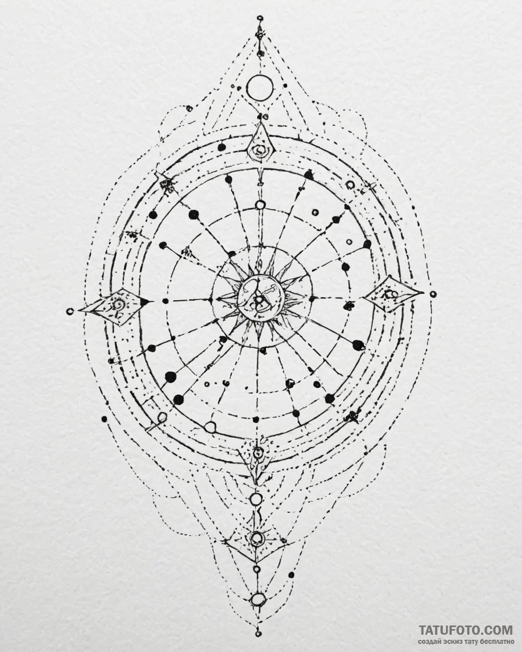 Tattoo sketch a cosmic dotwork sky with the z... - эскиз тату (№1752994016_0, 20.07.2025 06:46) — Tatufoto.com