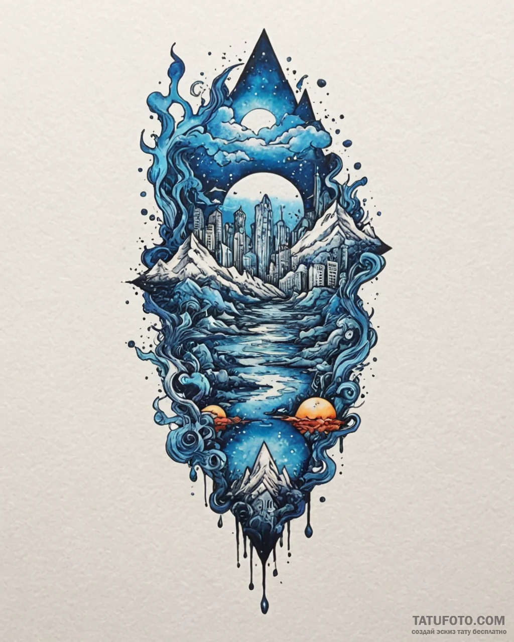 Tattoo design a deep, moody blue watercolor s... - эскиз тату (№1752994523_0, 20.07.2025 06:55) — Tatufoto.com