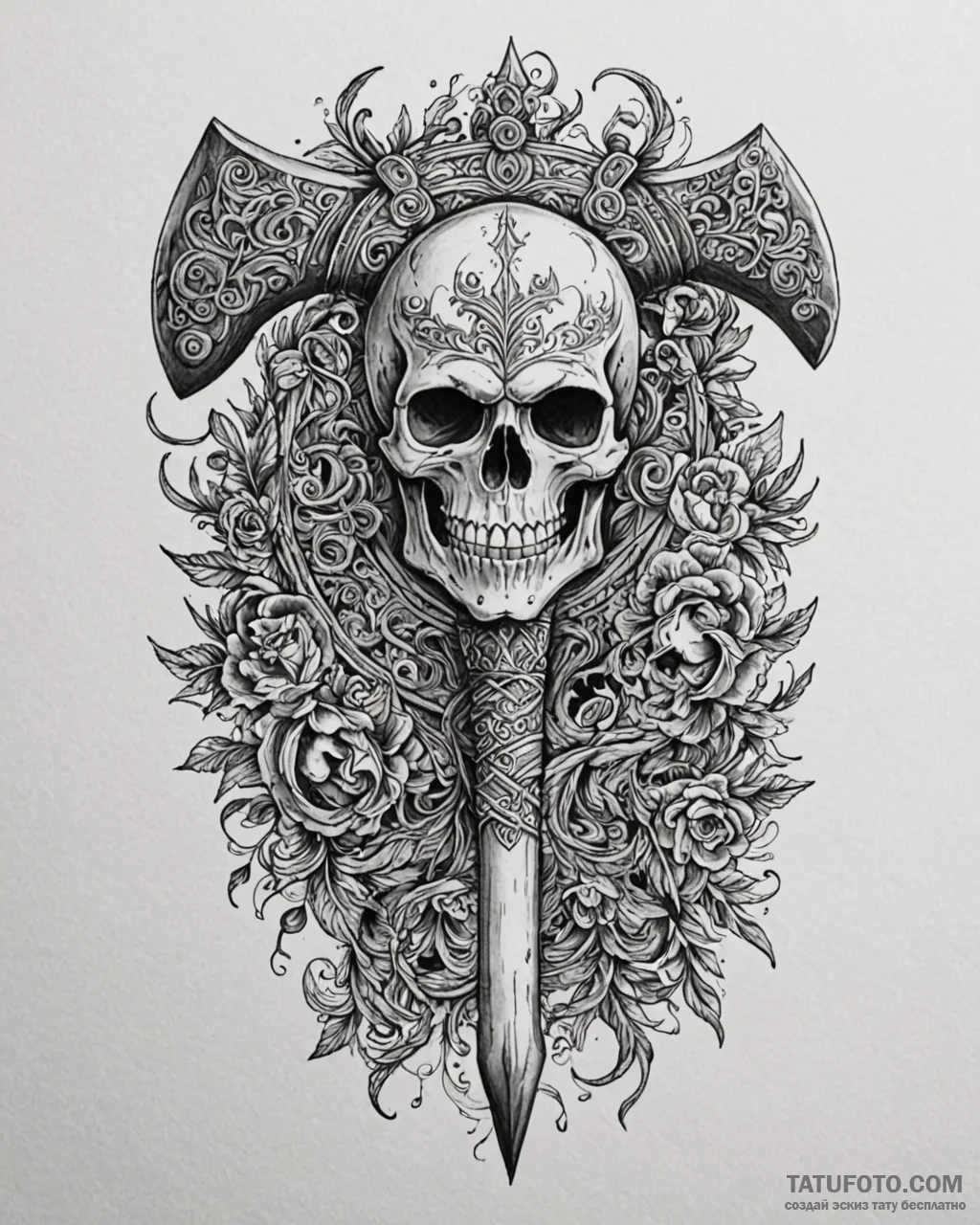 Tattoo sketch a barbarian's axe with a skull... - эскиз тату (№1752994607_0, 20.07.2025 06:56) — Tatufoto.com