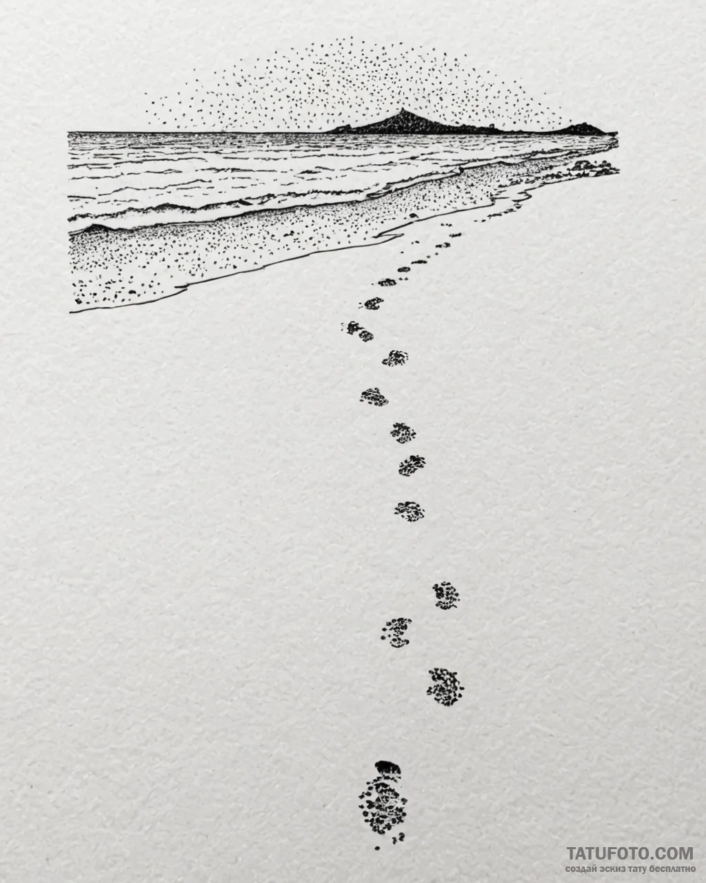 A shot of a deserted beach with footprints le... - эскиз тату (№1752994776_0, 20.07.2025 06:59) — Tatufoto.com