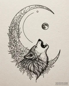 Tattoo sketch: a stylized wolf howling at a l... - эскиз тату (№1752994860_0, 20.07.2025 07:01) — Tatufoto.com