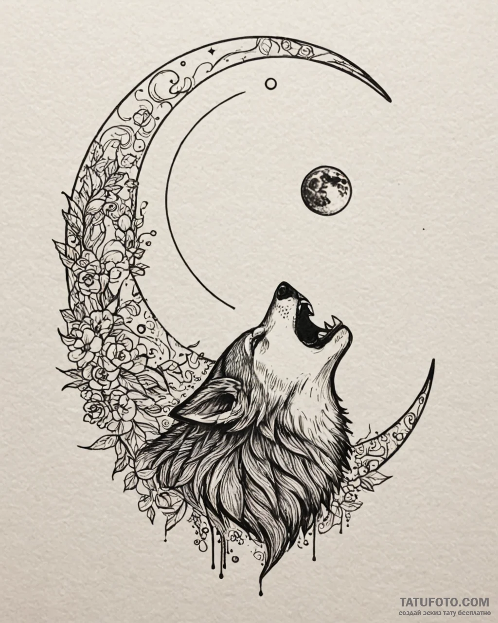 Tattoo sketch: a stylized wolf howling at a l... - эскиз тату (№1752994860_0, 20.07.2025 07:01) — Tatufoto.com